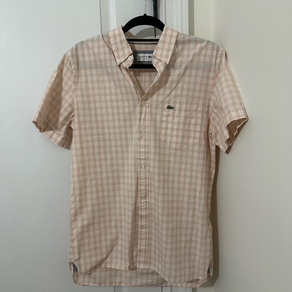 Lacoste Men's Plaid Button-Down Shirt Size M pink white